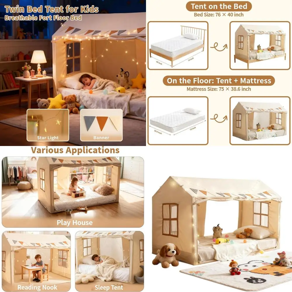 

Children's Princess Castle Play Tent with Starry Lights, Breathable Playhouse for Boys & Girls, Beige