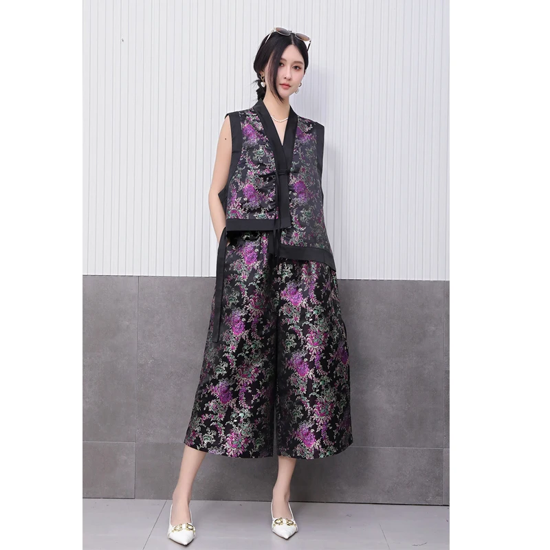 New Chinese Style Women's Suit 2025 Spring New Item Light Luxury Satin Print Buckle Vest Wide Leg Pants 2 Piece Loose Set Female