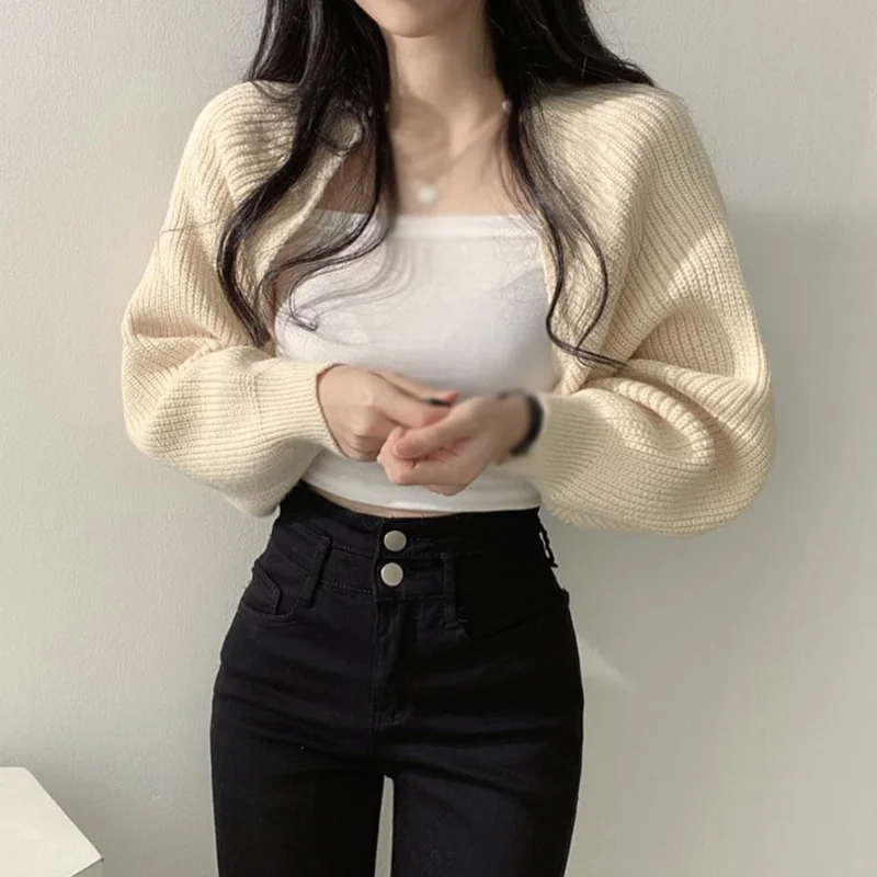 Women\'s Breathable Cardigan Bishop Sleeve Autumn Versatile Sweater Ultra Short Fashionable