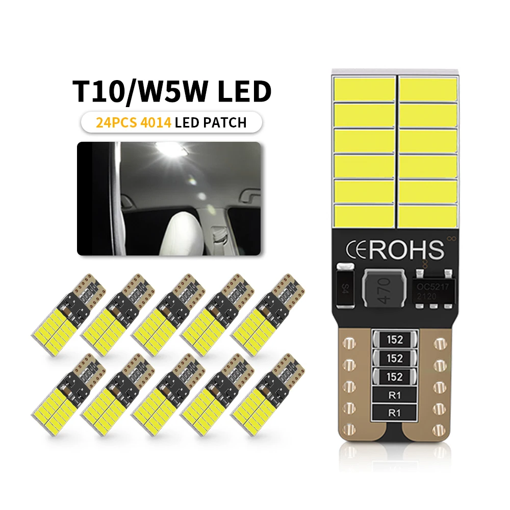 

2/6/10PCS CANBUS T10 W5W LED Bulb 12V 4014 24SMD 6500K White Car Interior Dome Door Glove Box Maps Trunk License Plate Lights