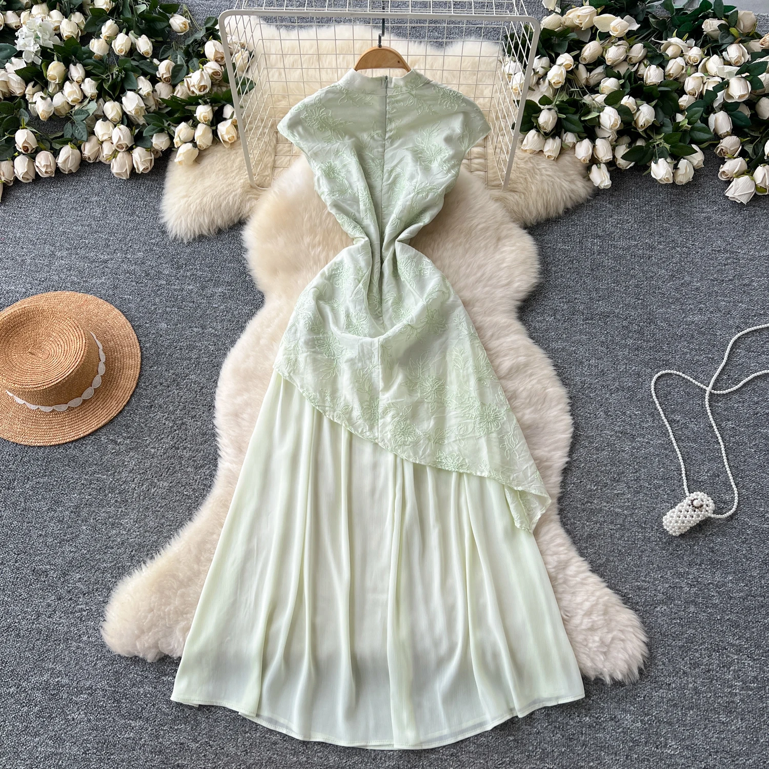 Chic jacquard asimmetrico vintage Elegante fata moda coreana Boho Prendisole abbigliamento donna Abito lungo