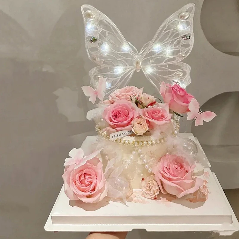 Valentine's Day Cake Topper Decoration Handmade Big Butterfly Insert Queen Mother Happy Birthday Love Led Light Baking Supplies