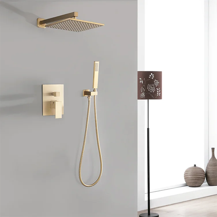 

Modern Contemporary Bath Faucet Shower Set Brushed Gold Conceal with Square Shower Head Thermostatic Rain Sprayer New Arrival