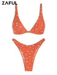 ZAFUL Damskie seksowne bikini z kwiatowym nadrukiem i trójkątnymi nogawkami Dopasowane dwuczęściowe stroje kąpielowe