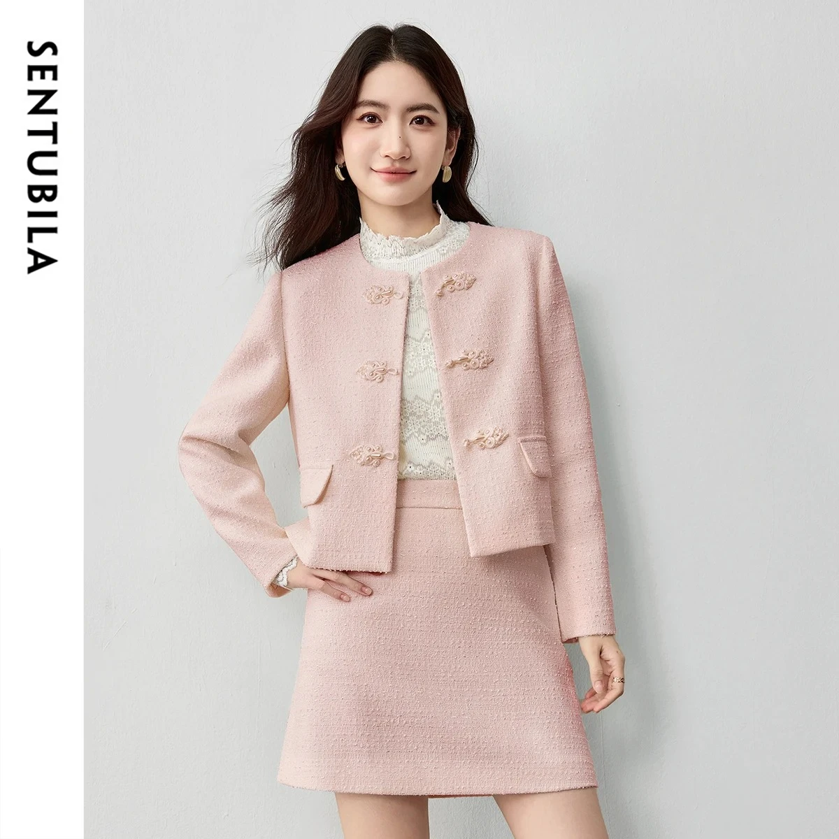 SENTUBILA Women's Chinese Style Pink Tweed Skirt Set Short Jacket 2 Piece Set 2026 Winter Elegant Ladies Skirt Suit 161ZA6520X