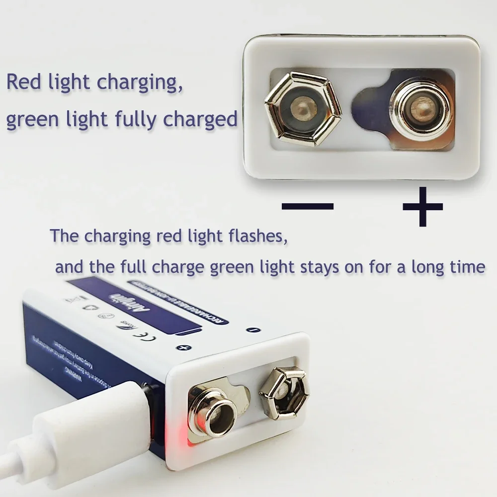 9V lithium battery USB rechargeable lithium-ion 9V 1800mAh, with USB cable, suitable for cameras and other electronic devices