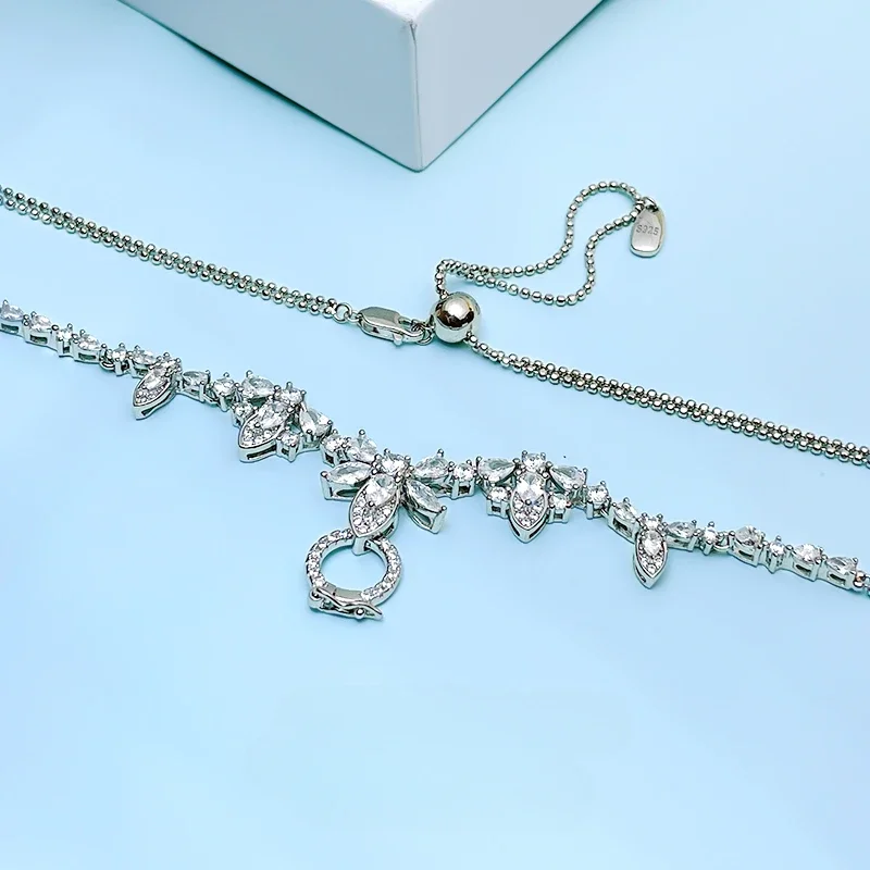 Light Luxury Flower Length Adjustable 925 Sterling Silver Versatile Chain Set with High Carbon Diamond Fashion Wedding Jewelry