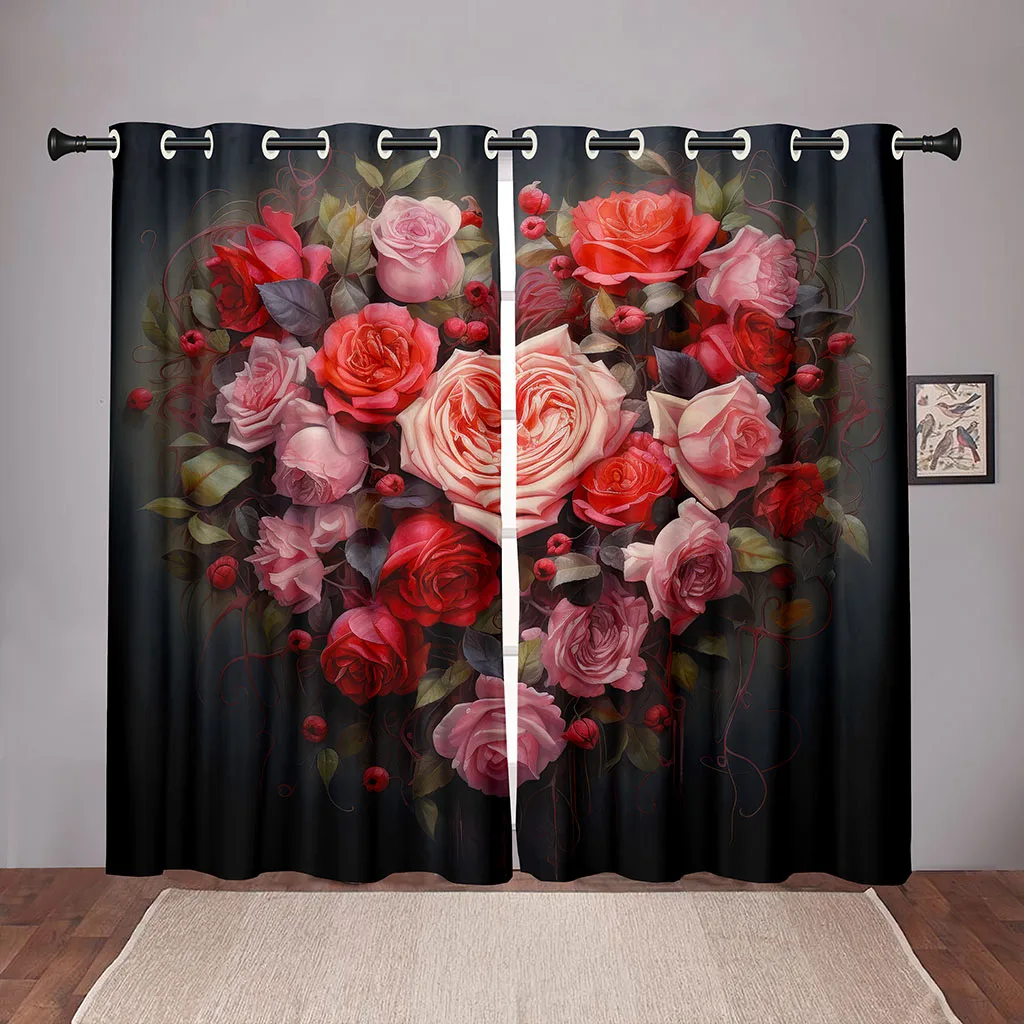 

Rose Love Heart Curtains Abstract Red Romantic Valentine's Day Theme Living Room Bedroom Kitchen Balcony Window Decor 2 Pieces