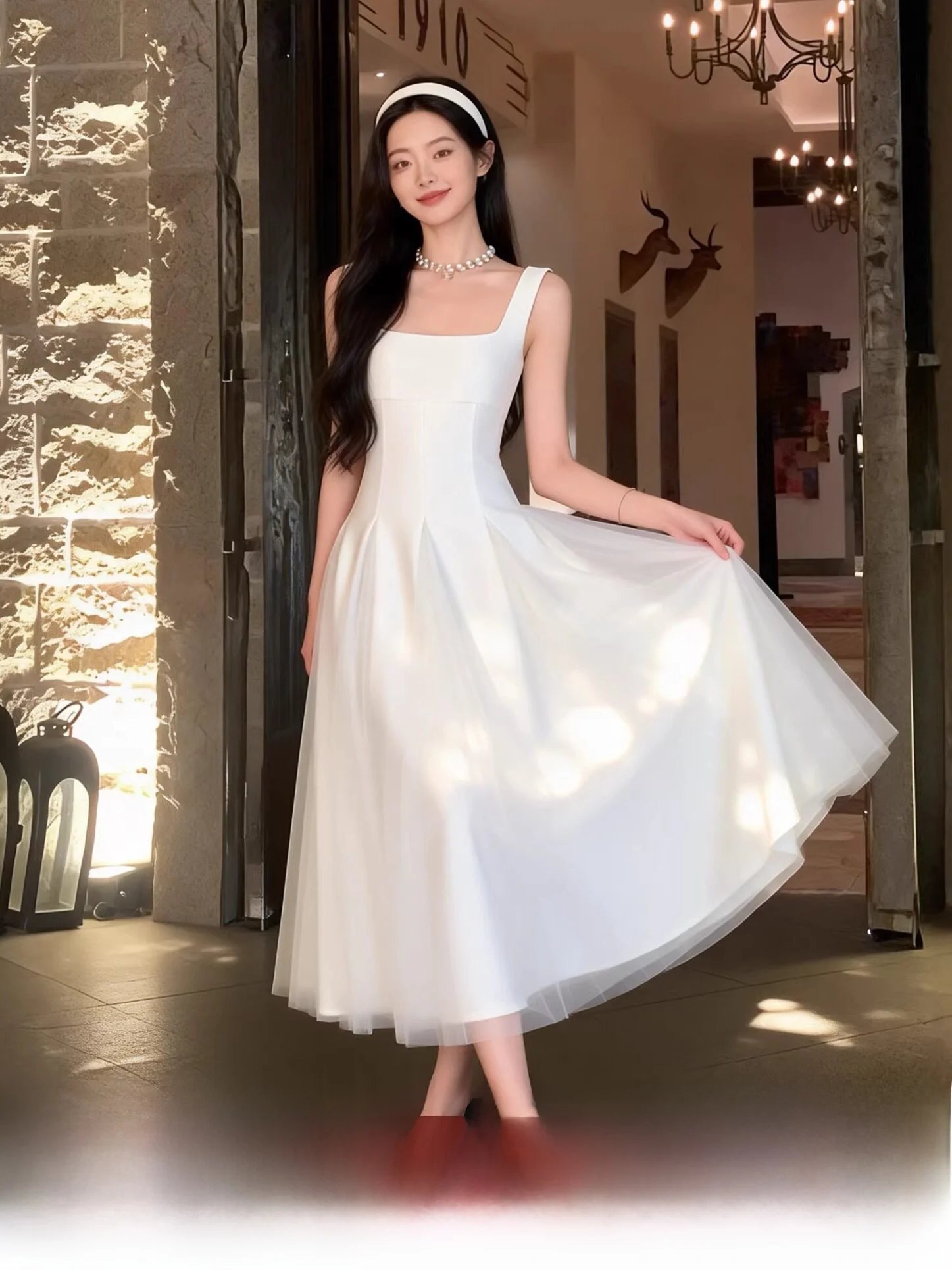

Elegant White Fairy Tale Strapless Tulle Dress Birthday Wedding Ceremony High Waist A-Line Skirt Nylon Fabric Mid-Length