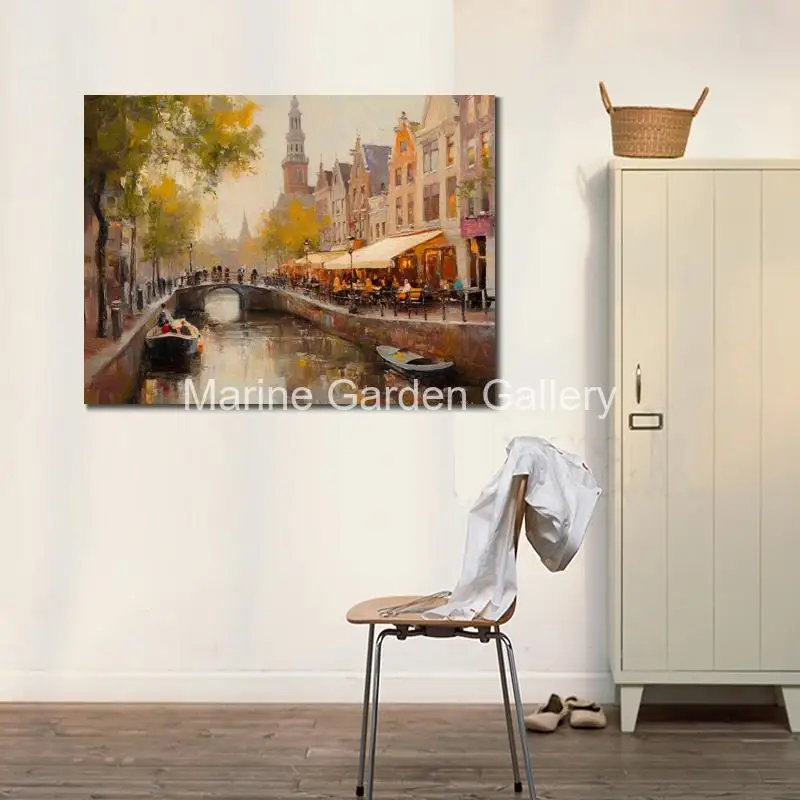 Hand Painted Canvas Art Oil Painting Dordrecht in Netherlands Cityscape Modern Landscape Artwork Wall Decor for Family Room