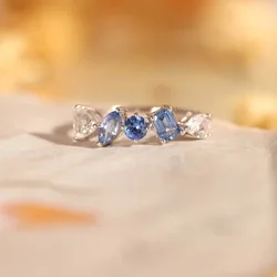 New Ins Gold-plated Copper Blue Zircon Ring For Women Vintage Heart Of The Ocean Geometric Rings Fashion Aesthetic Jewelry