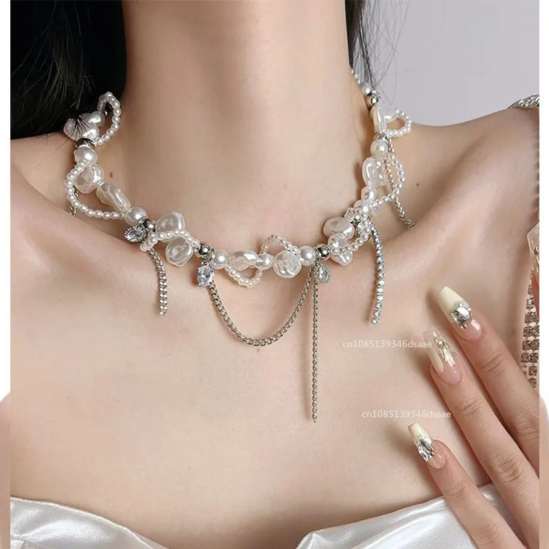 Cool Spice Girl Style Necklace New Fashion Choker Personality Irregular Pearl and Silver Color Chain Y2k Neckchain for Women