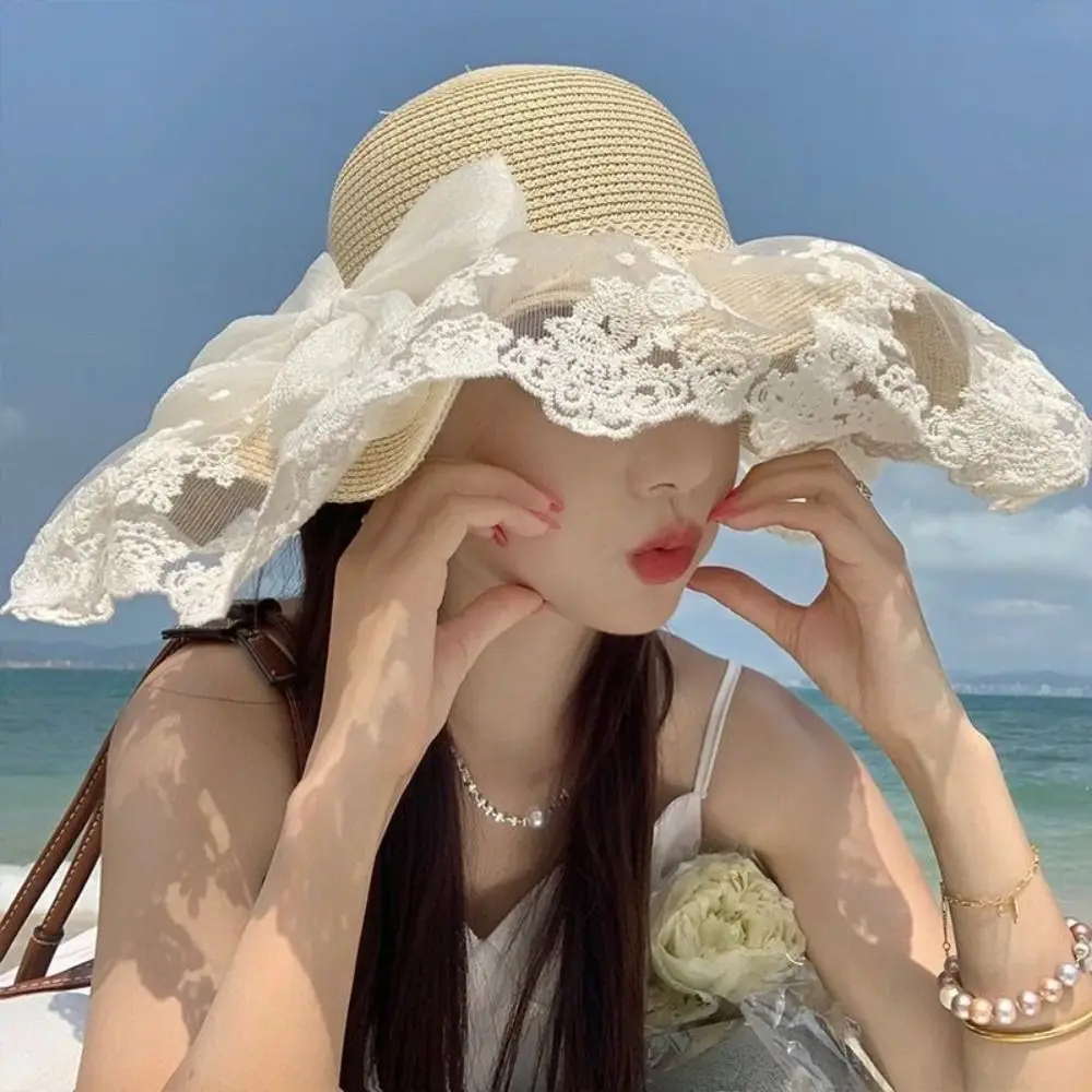 แฟชั่นฟางผีเสื้อหมวกฟางโบว์ริบบิ้นขนาดใหญ่ Brim หมวกบังแดด UV ป้องกันหมวกชายหาดแบบพกพา Travel