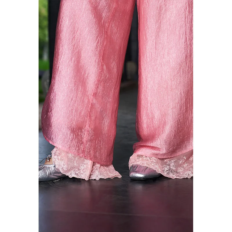 ELFSACK Żakardowe spodnie z szerokimi nogawkami i koronkowym wykończeniem, spodnie z wysokim stanem i sznurkiem, eleganckie luźne spodnie w stylu orientalnym dla kobiet