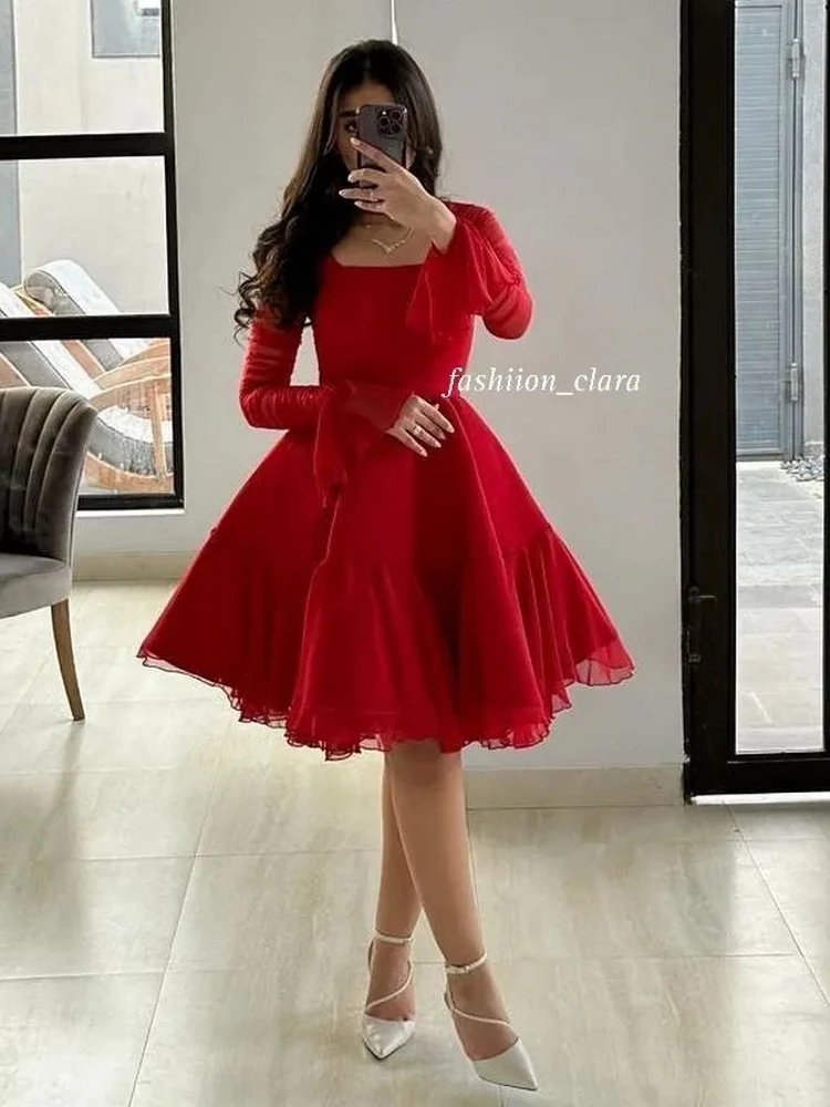 OEING Square Collar Knee Length Robe De Soirée Chiffon Custom Made Evening Gown Vintage Saudi Arabic Party Dress Prom Dresses