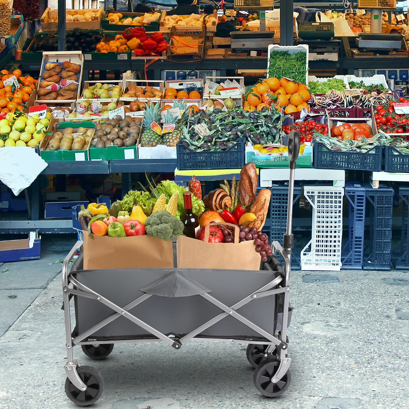 

74.5*45.5*84cm 100kg 600d Oxford Cloth Steel Frame Flat Folding Style Grey Cloth Silver Frame Garden Folding Cart
