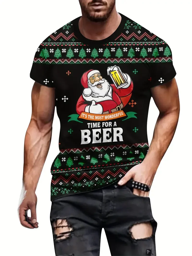 Men's T Shirt Santa Claus Graphic Print Pullover Summer Casual Short Sleeve Tee Fashion Funny T-Shirts Male Oversized Clothing image 3