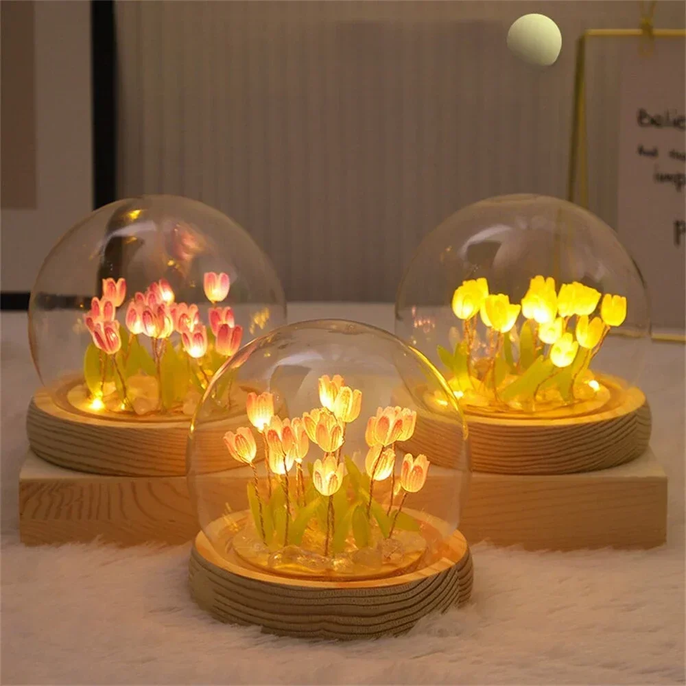 Handmade DIY Artificial Tulip Flowers Night Light Bedside Lamp LED Night Lamp Home Room Bedroom Decor Birthday Mother\'s Day Gift