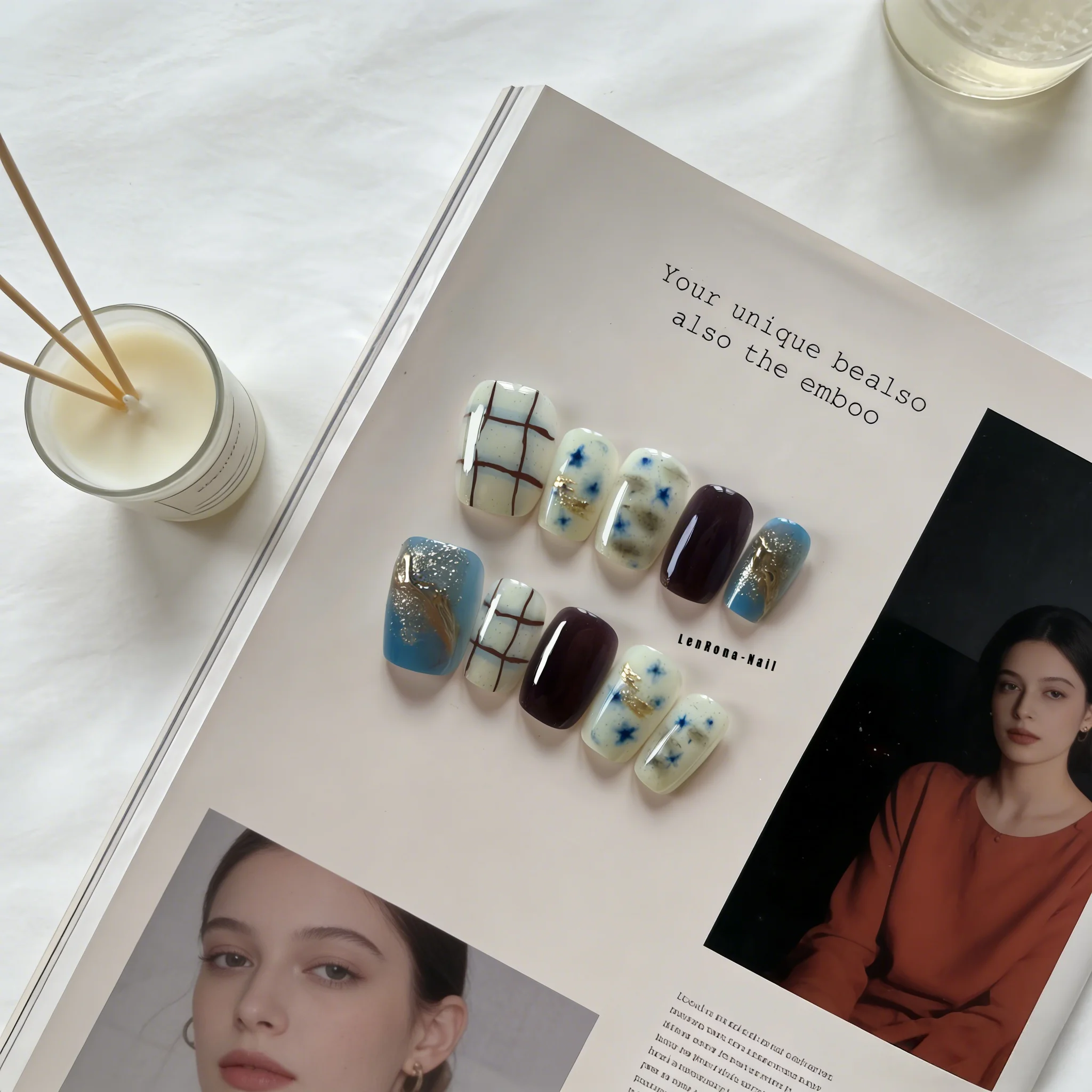 

10pcs Vintage Plaid Handmade Nails Blue Glitter Gold Foil Press on Nail Short Square False Nails for Women&Girl Fake Nail Art