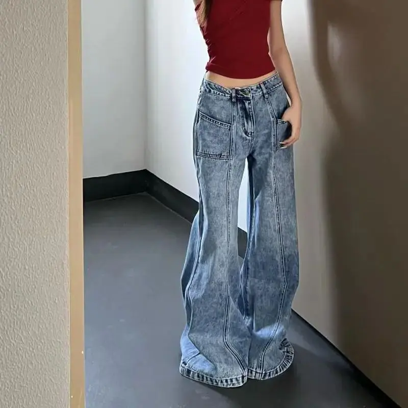 Jeans de pernas largas emendados para mulheres, calças jeans retrô, cintura alta, casual, cor de contraste, vintage e casual, para ficar velho