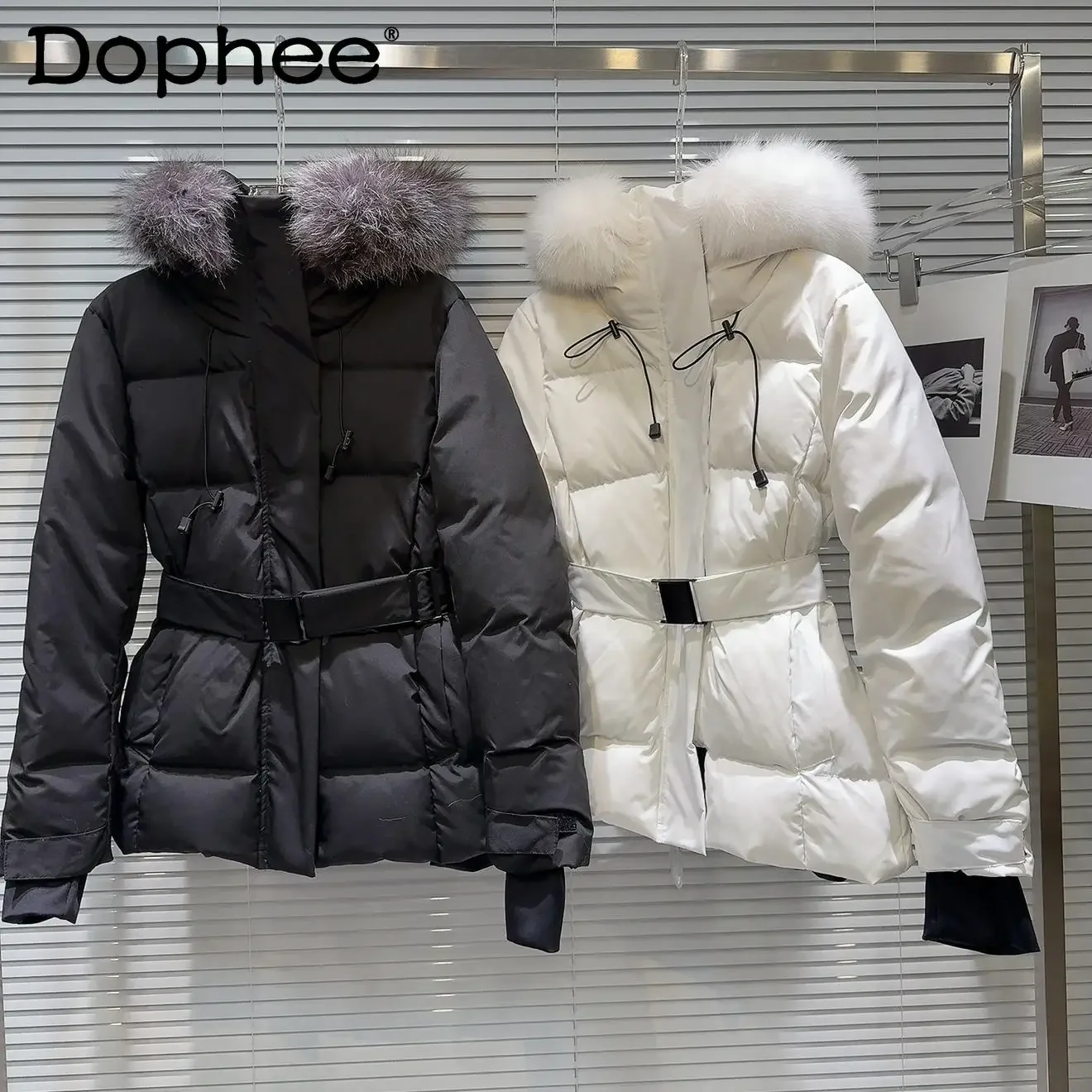 Winter New Temperament Faux Fur Collar Hooded Coat Women Belt Warm Solid Color Down Jacket Ski Jacket Winter Jacket Women