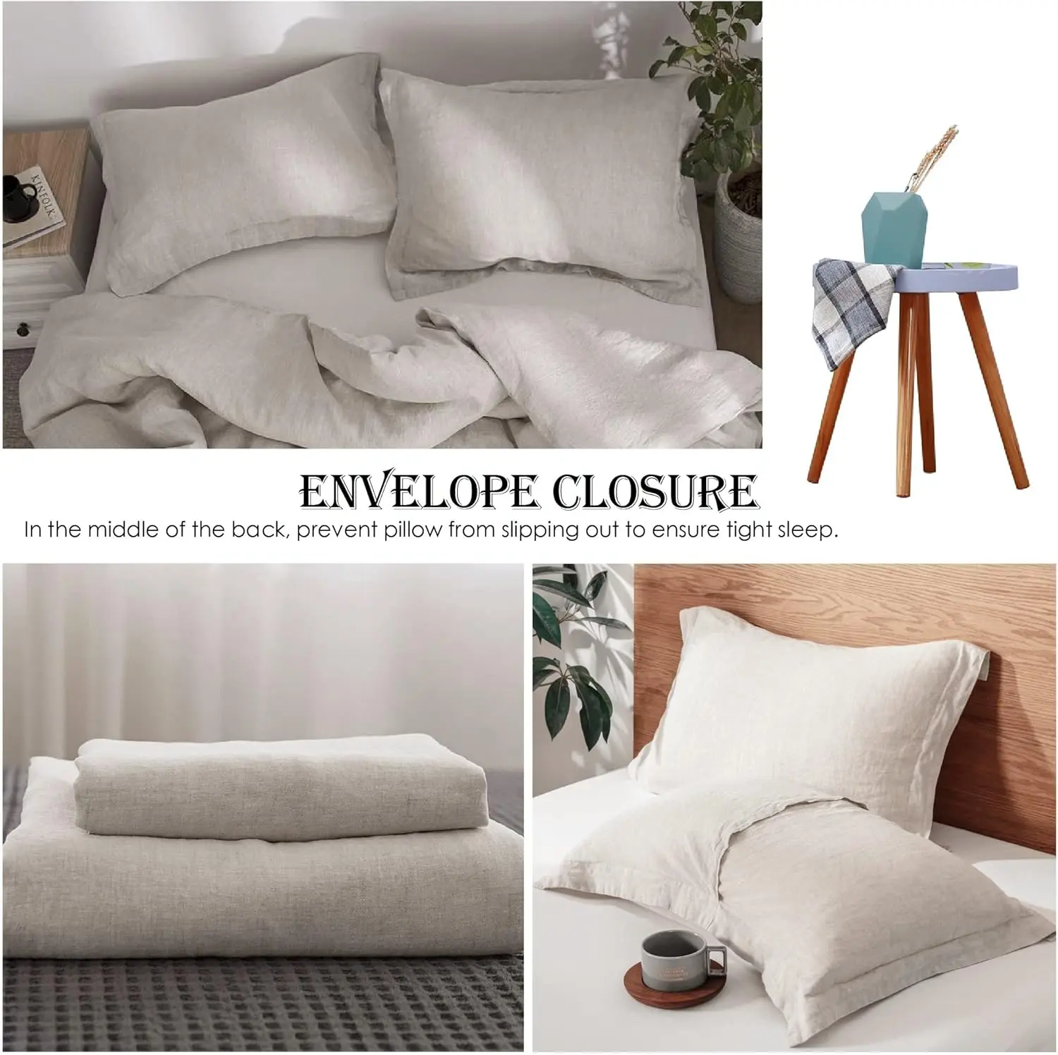 100% Linen Duvet Cover Set 3pcs King Size Natural Washed Flax Breathable Soft Farmhouse Bedding with Button Closure