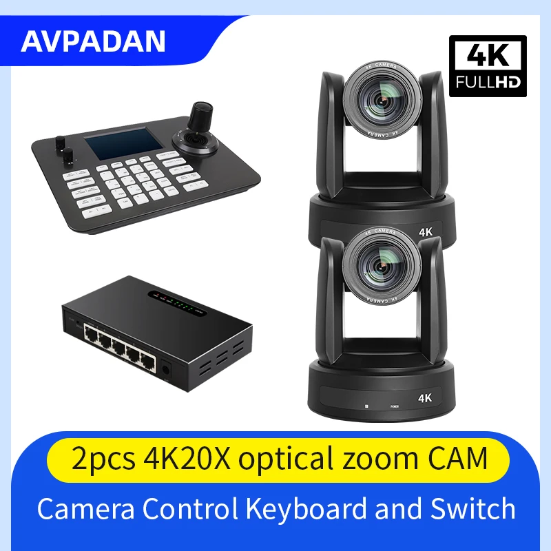 

2PCS 4K NDI 10X 20X AI Tracking PTZ Camera and 1PCS PTZ Camera Controller support ONVIF Church Broadcasting and 1PCS SWITCH