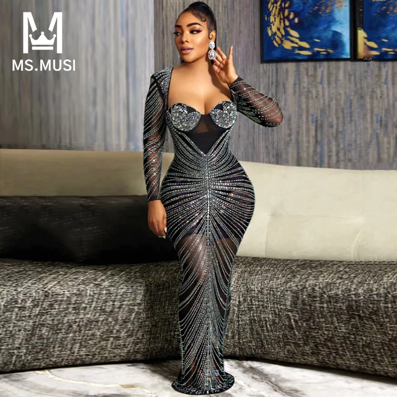 

MSMUSI 2023 New Fashion Women Sexy Crystal Sequin Tassels Lace Mesh Long Sleeve Backless Bodycon Party Club Maxi Dress Long Gown