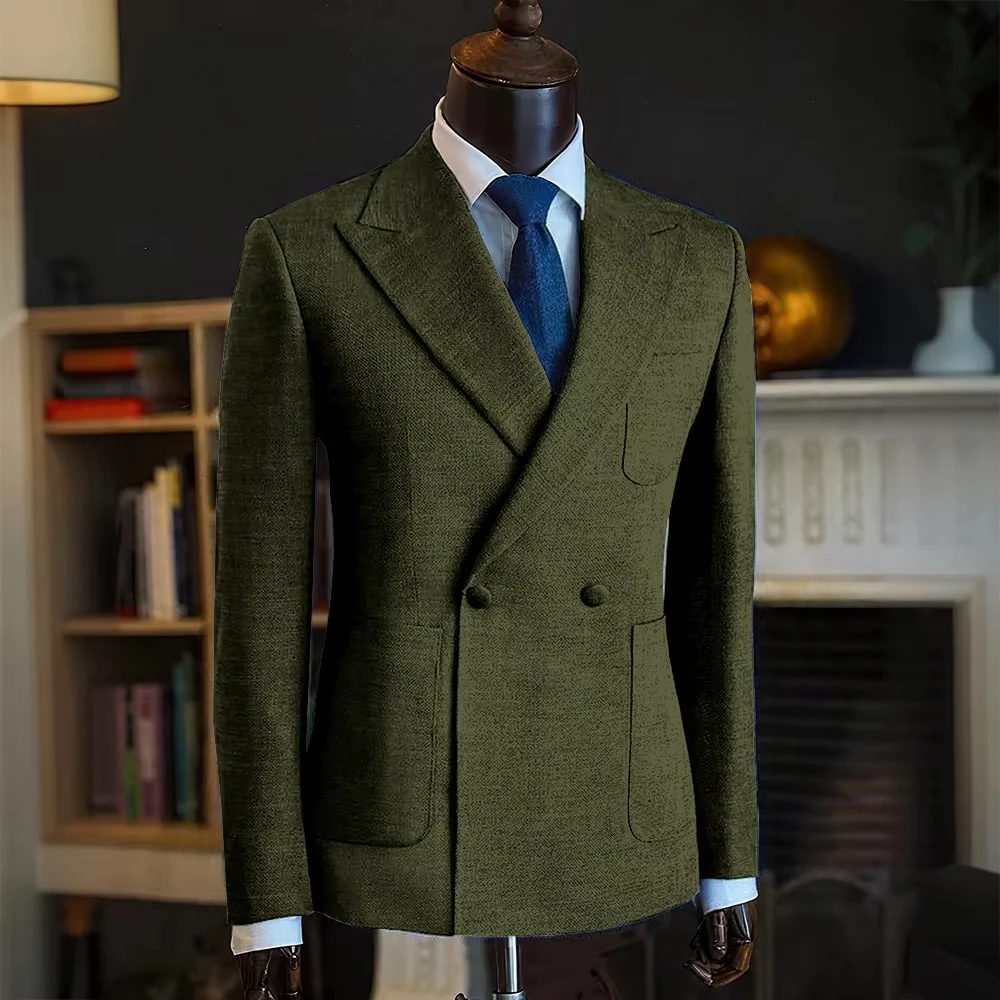 Luxury Men's Classic Suit Blazer Linen Double Breasted Notch Lapel Formal Groom Wedding Dress Jacket Lightweight Sport Coat