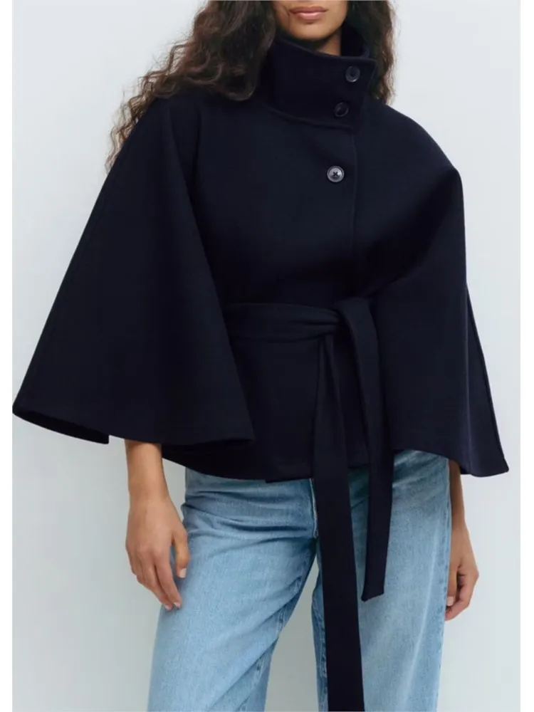 Autumn Winter Solid Long Sleeve Trench Coat Fashion Button Stand Collar Lace-up Cardigan Jacket Women's Warm Cape Top Outerwears