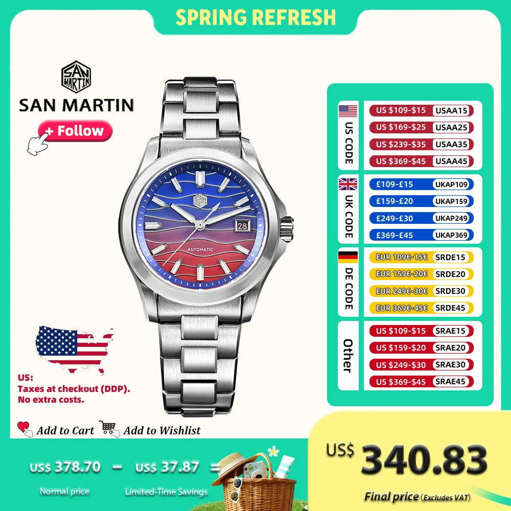 

San Martin 39mm Luxury Men Watch Miyota 9015 Automatic Mechanical Watches Splicing Mop Dial 100m Waterproof Couple Gifts SN0150