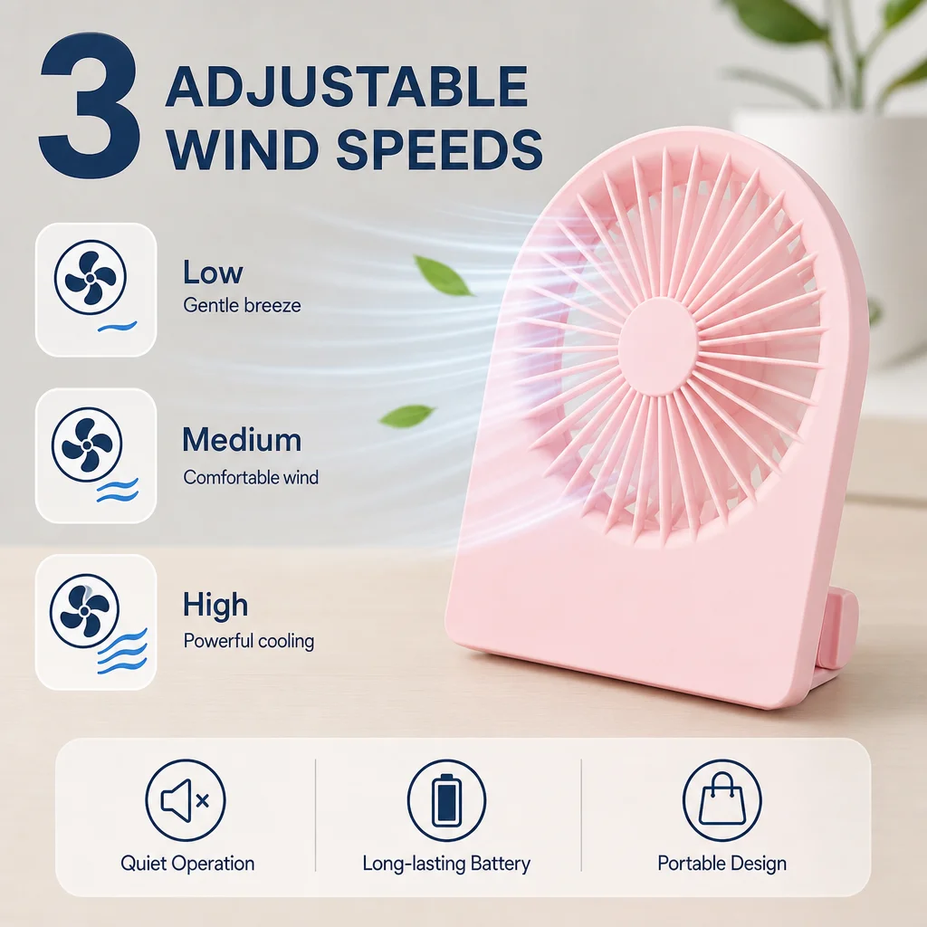 Mini Portable Desk Fan USB Rechargeable Air Cooler Fan 3-Speed Low Noise Personal Table Fan with Cellphone Holder