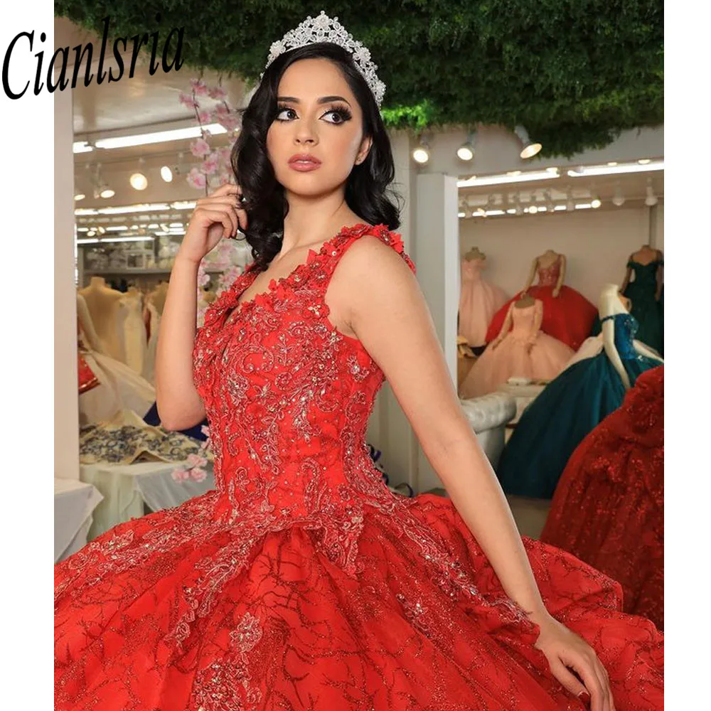 

Princess Red Ball Gown Quinceanera Dresses For Girls Beaded Celebrity Party Gowns 3D Flowers Graduation