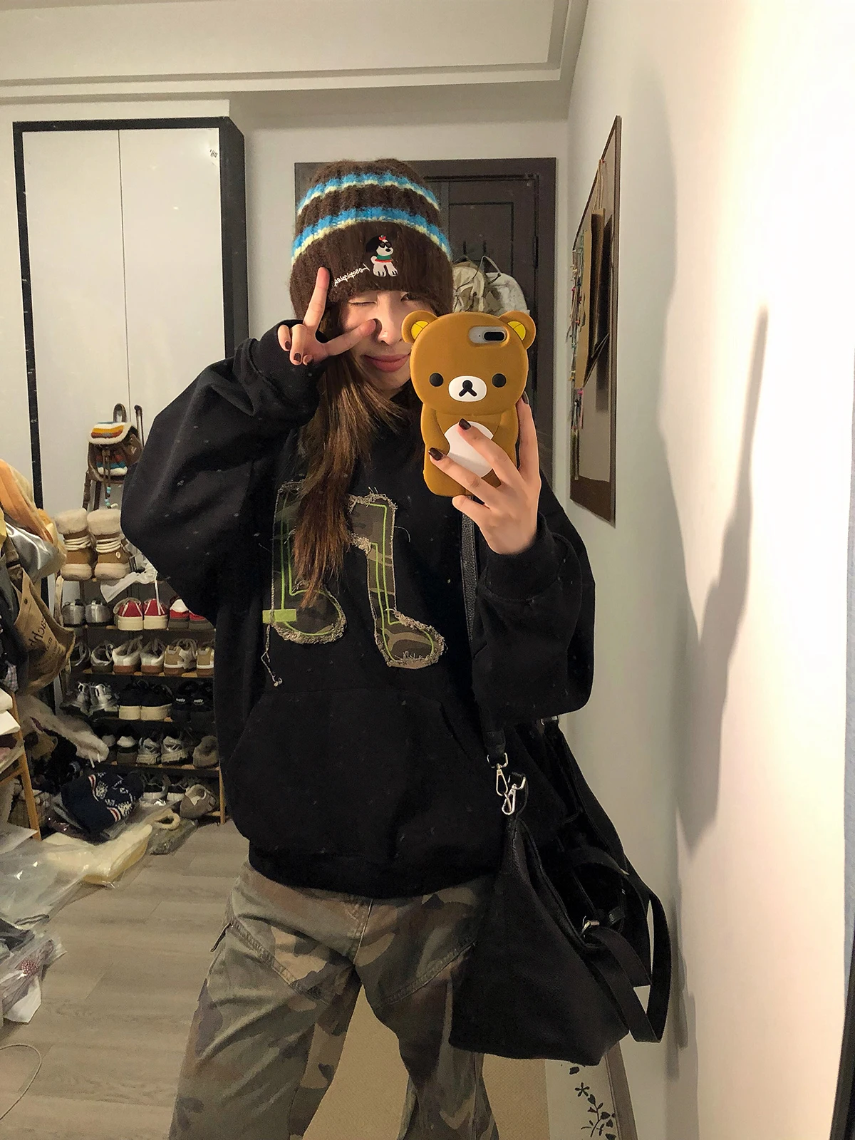

Sakura Camouflage Music Note Embroidery Hoodie Women's Sweet Cool American Loose Match Thickened Overhead Cotton Shirt