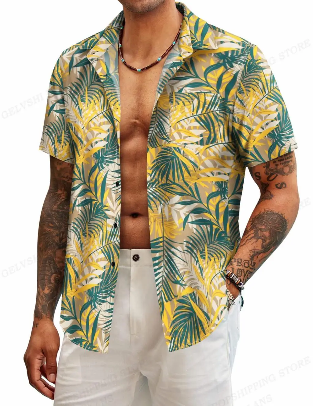 Hawaiian Shirt Tropic Plant Flowers Shirts Men\'s Vocation Blouses Floral Lapel Shirt Cuba Camisas Men\'s Clothing Single Breasted