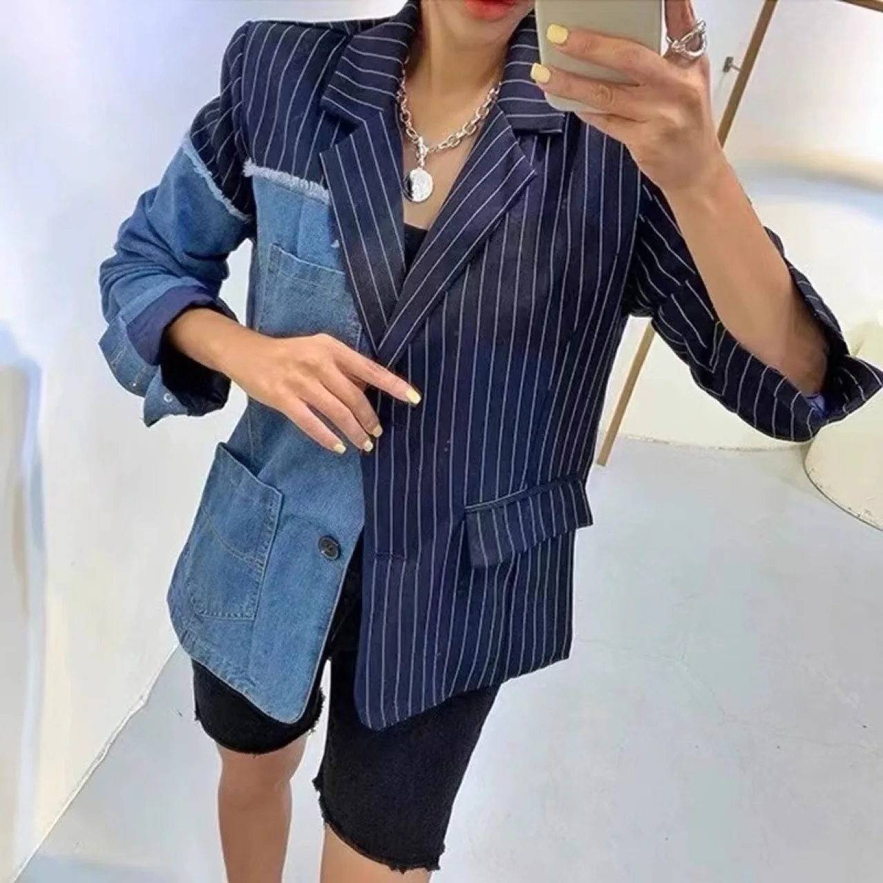 Superaen primavera e outono novo estilo coreano solto terno jaqueta denim retalhos para mulheres casacos de mangas compridas