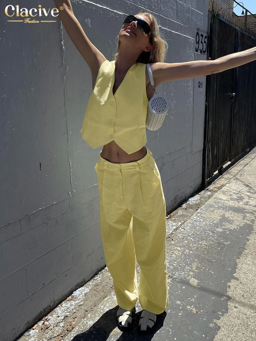 Clacive Summer Loose Yellow 2 Piece Sets Women Outfit 2024 Fashion Sleeveless Tank Top With Mid Wiast Wide Pants Set Female