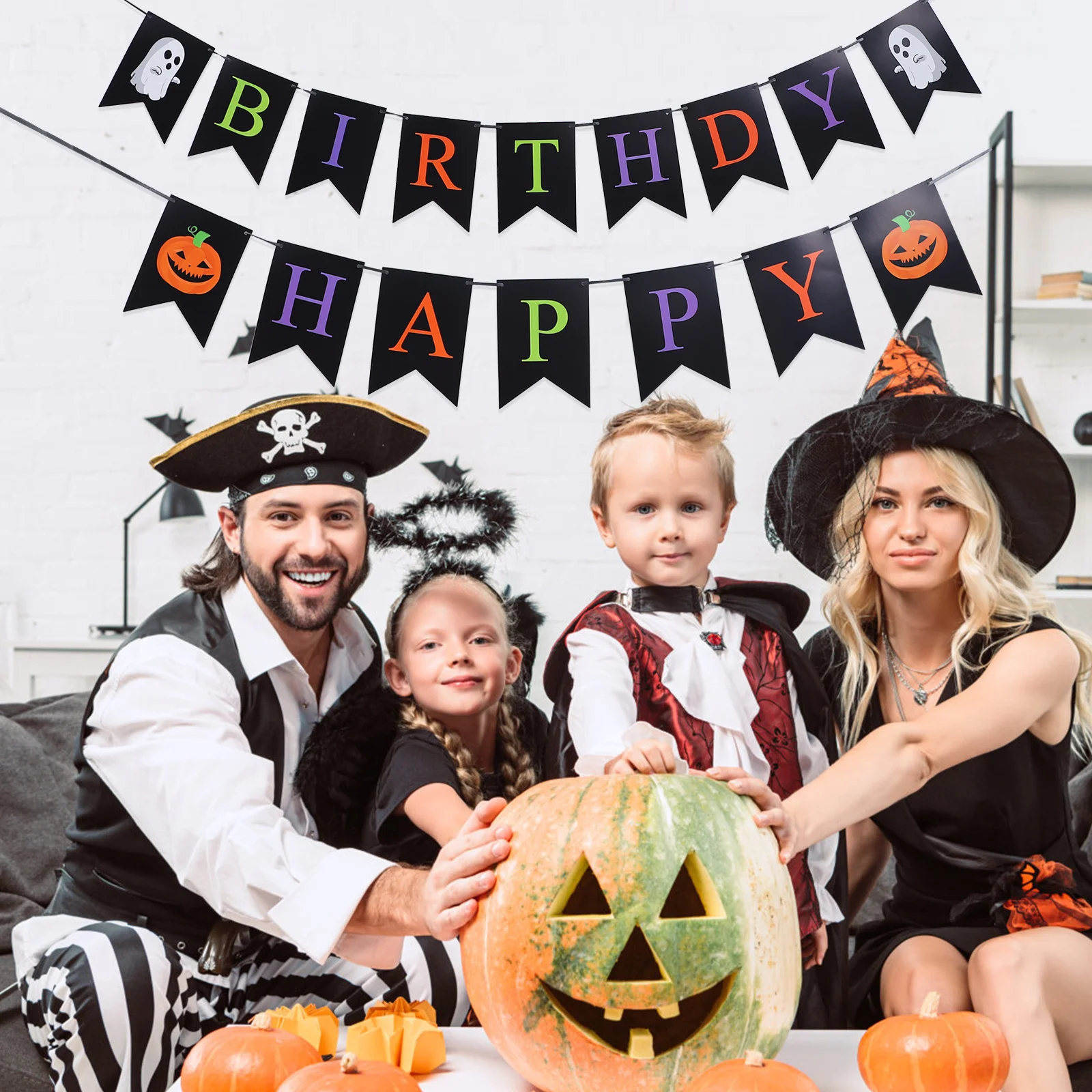 

2 Bags Pumpkin Ghost Birthday Party Banner Halloween Themed Decor Hanging Flag Photo Prop Home Wall Decorative Banner Party