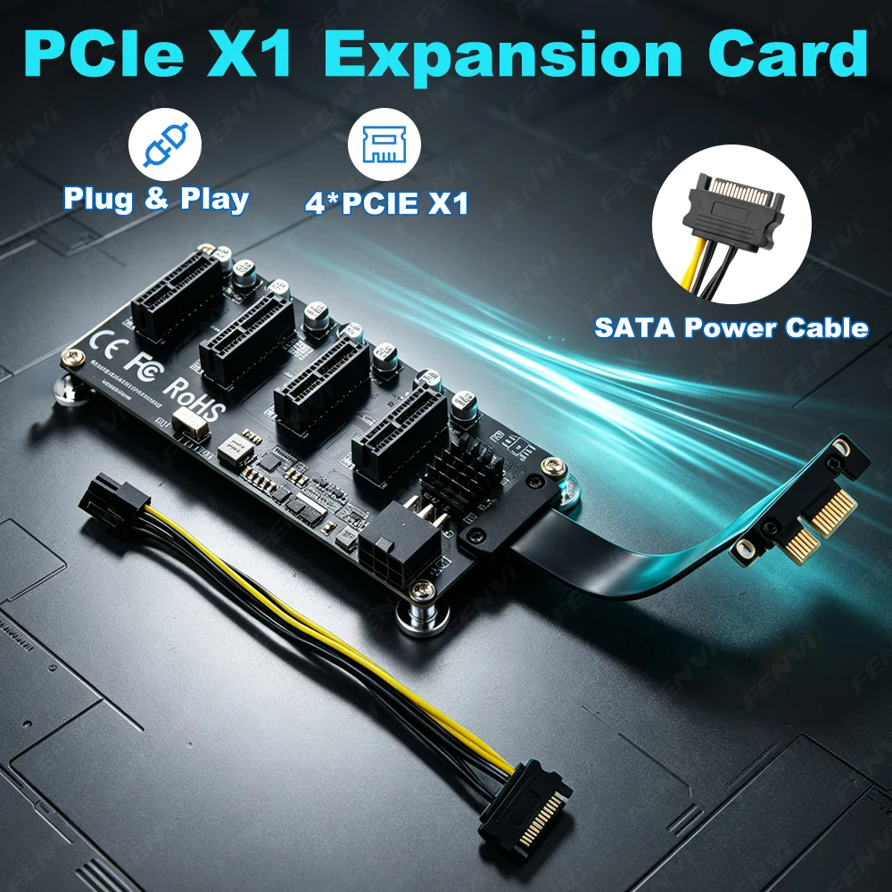 PCIe X1 to 4 Port PCIe X1 Expansion Card Adapter with SATA Power Driver Free Plug and Play for Desktop PC