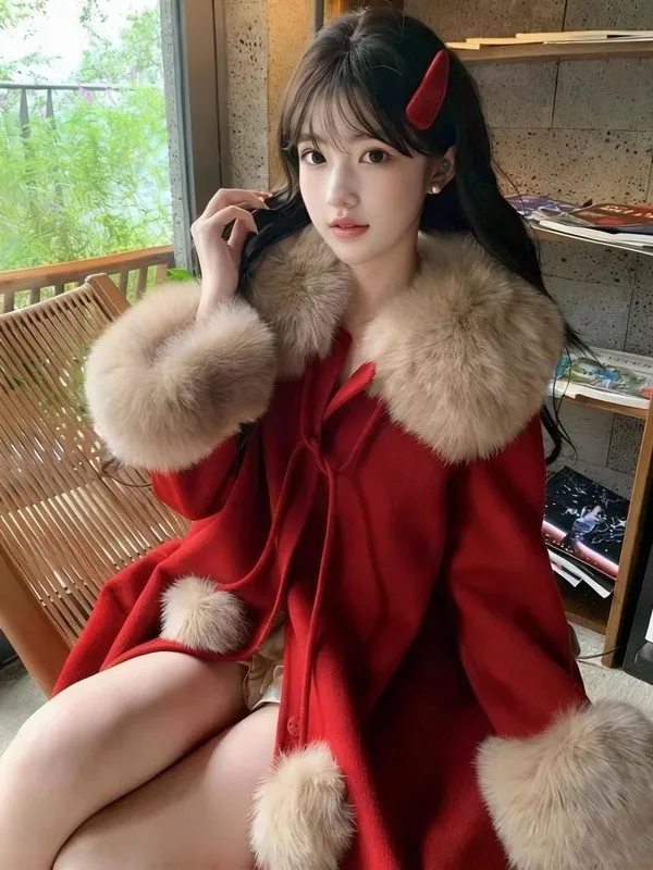 

Красное пушистое шерстяное пальто на подкладке для женщин, новое, для свадьбы, в корейском стиле, свободного кроя, длинное, средней длины, на одной пуговице, однотонное