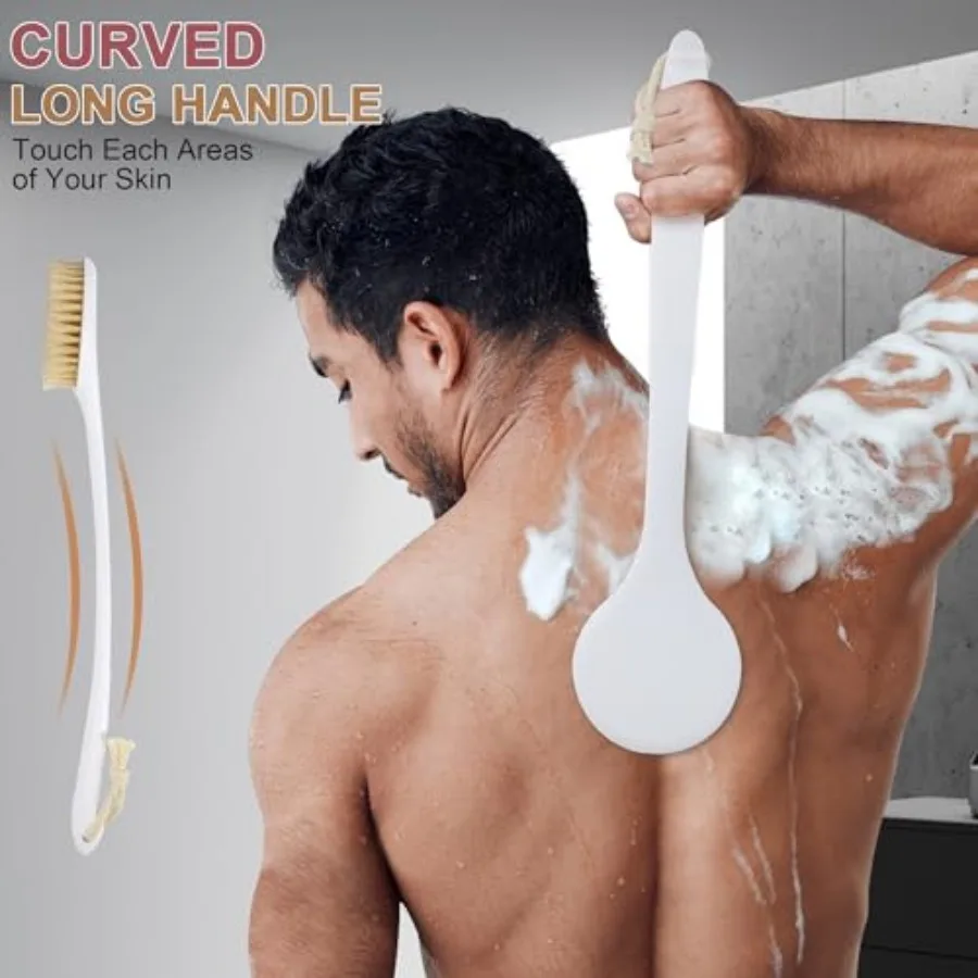 Back Scrubber for Shower with Natural Bristles Anti Slip Bath Brushes Long Handle Antiskid Shower Body Scrubber for Wet or Dry