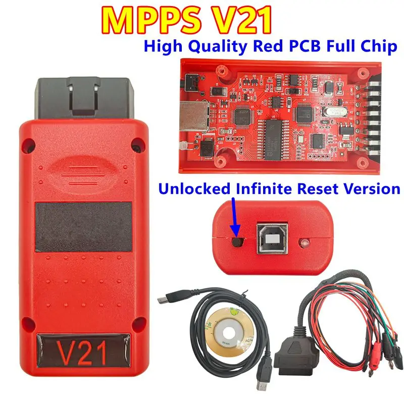 Déverrouillez Mpps V21, réinitialisations illimitées, jetons illimités, puce complète PCB rouge avec câble de dérivation Tricore, outil de réglage de puce ECU OBD2