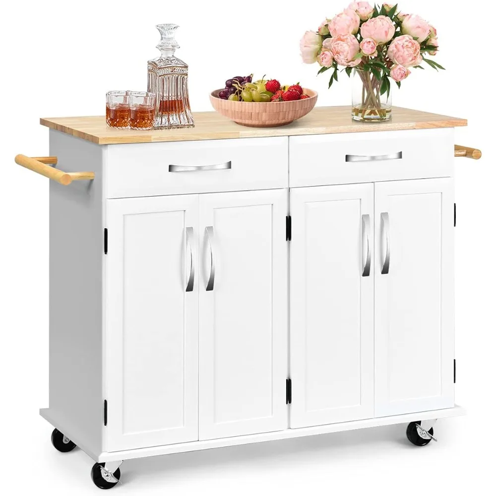 

Kitchen Island Cart with Storage Cabinet on Wheels, Butcher Block Table with Drawers & Towel Rack