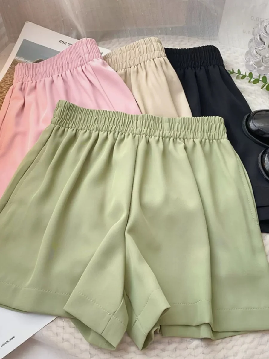 

plus Size Women's Summer Thin Ice Silk Suit Pants High Waist Loose Casual Wide Leg Shorts Korean Style Commute Pure Color