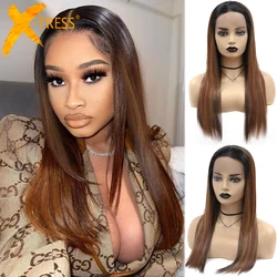 Synthetic Hair Lace Front Wigs For Black Women Ombre Brown Color X-TRESS 22 inches Long Soft Straight Layer Lace Wig Free Part
