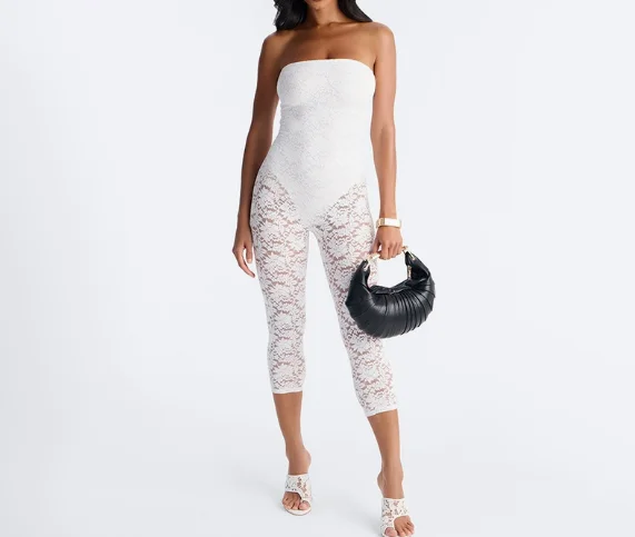 Jumpsuit Women 2026 Spring Summer New Solid Color Strapless Zipper Back See Through Lace Patchwork Casual Skinny Daily Jumpsuit