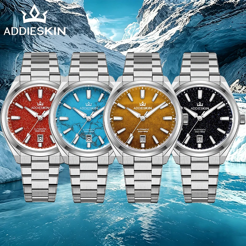 AddiesKin K010 One of a Kind Genuine Natural Stone Dial Automatic Mechanical Watch Tiger Eye Dial Turquoise Dial 200m Waterproof