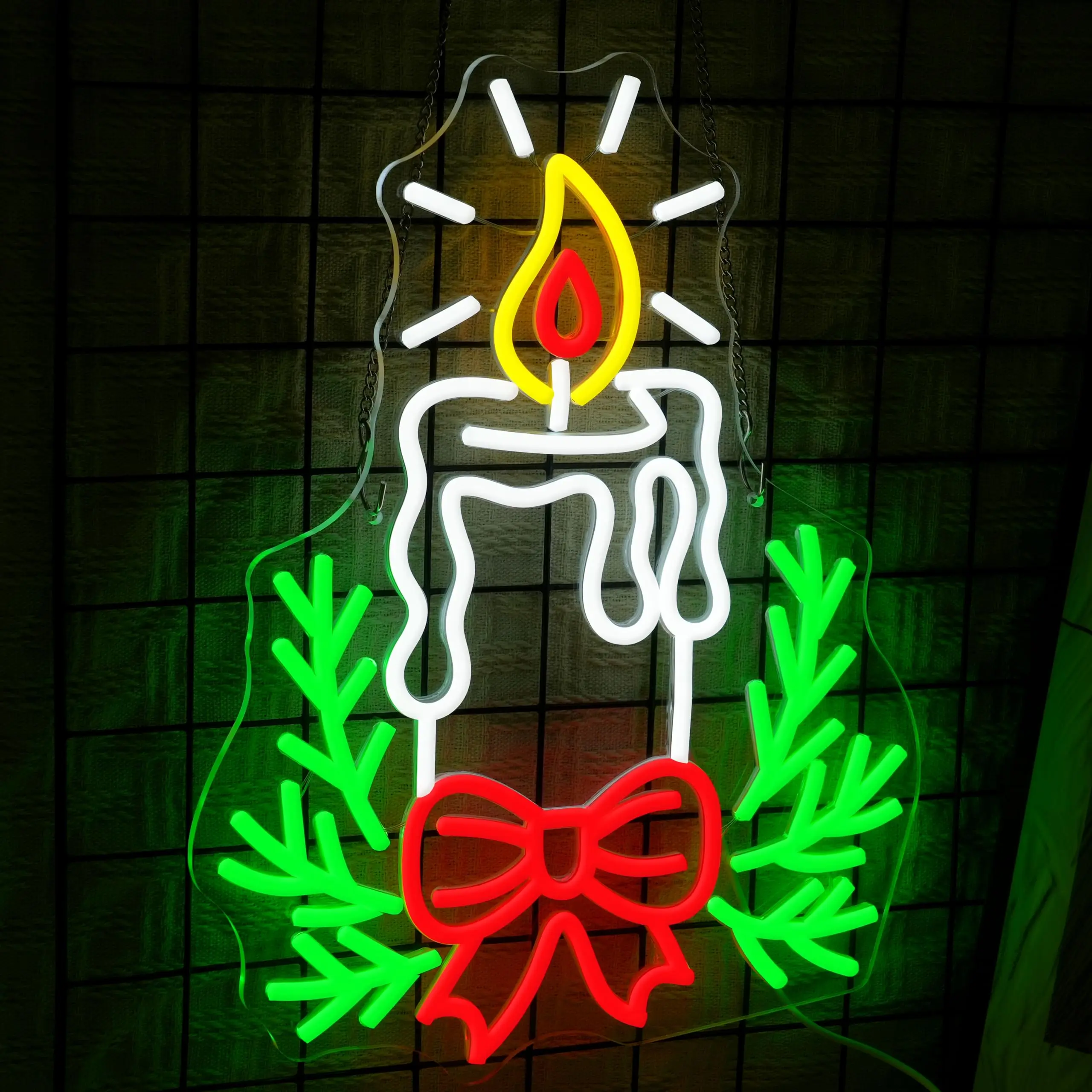 Candle Christmas Neon Sign with Dimmable Switch Christmas Bow Holly Neon Light Sign for Home New Year Party Church Store Decor