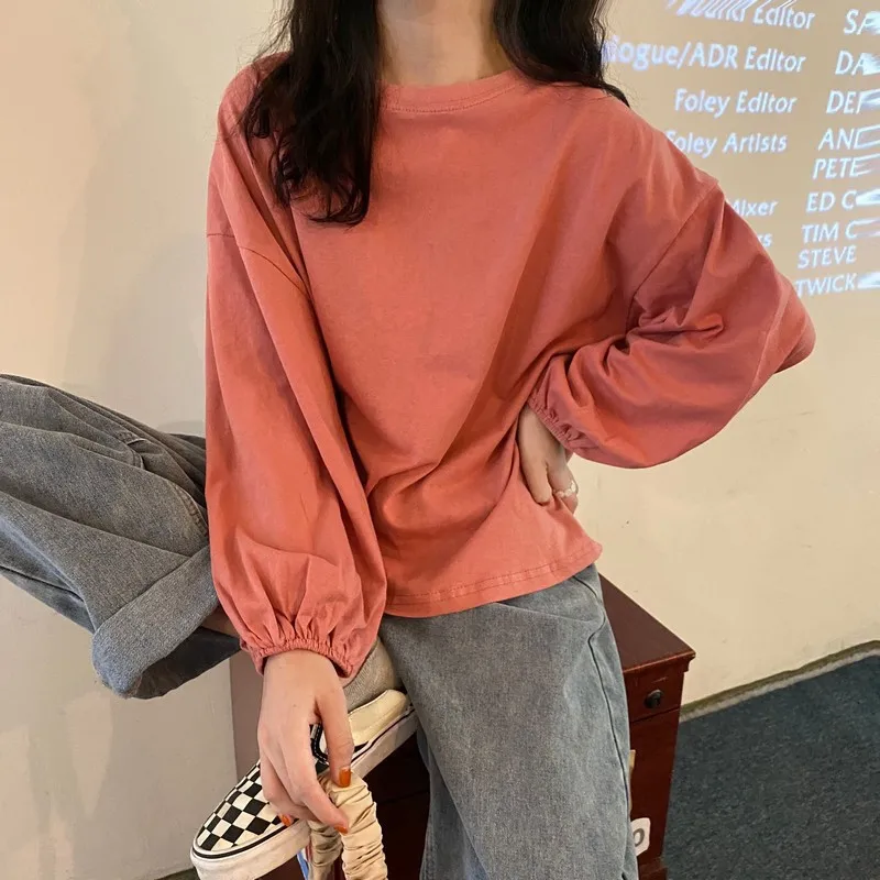 plus Size Women's Casual Lantern Sleeve T-Shirt Loose Fit Autumn New Style Simple Match Nine Points Sleeve Korean Version