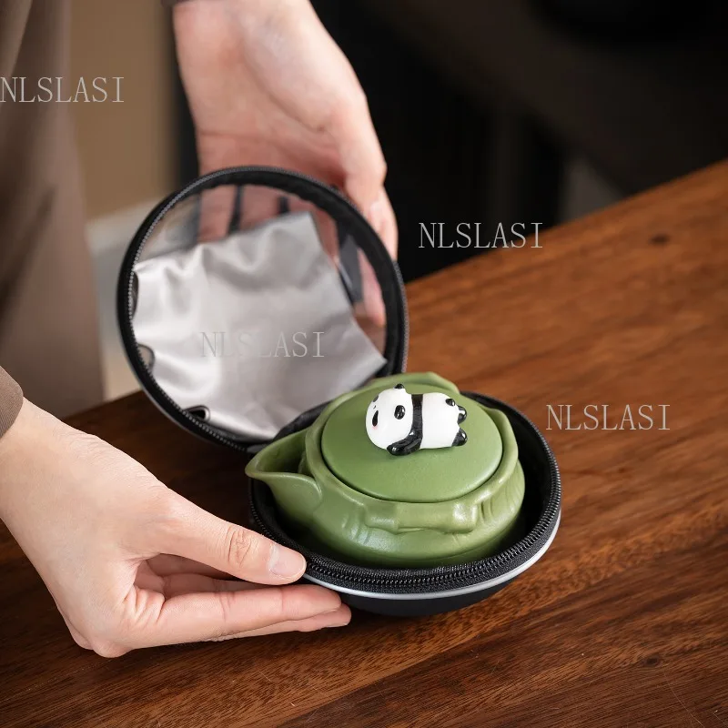 Panda Ceramic Travel Kung Fu Tea Set Portable Quick‑pour Teapot Cup Teaware Kit with Carry Bag for Outdoor Trip Camping